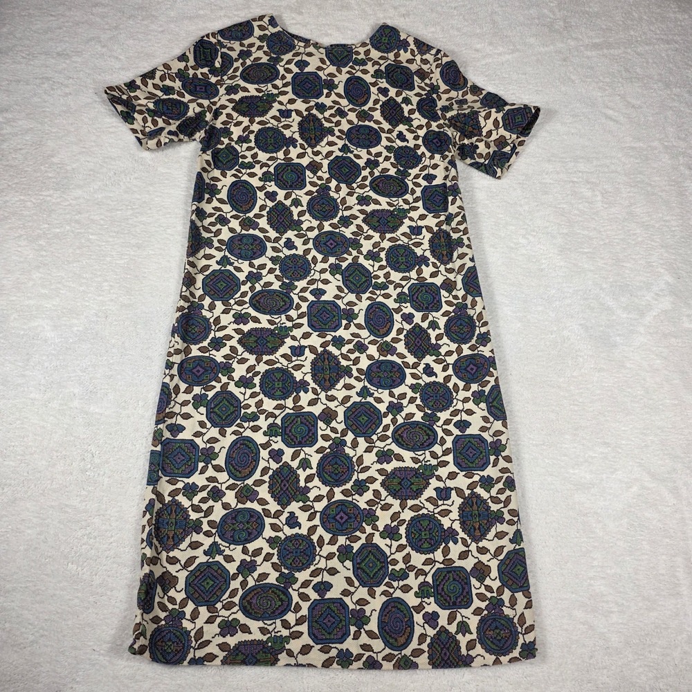 Vintage 60s Mod Shift Dress Women M Cream Purple Geometric Floral Made in USA